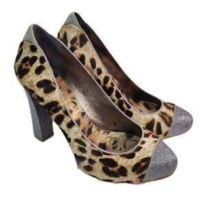 Sam Edelman Leopard Calf Hair Heels 9.5M Glitter Cap Toe Pumps Real Fur Party